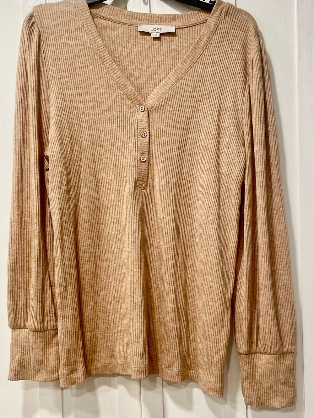LOFT Ribbed Knit V-Neck Henley Sweater Warm Taupe/tan Long Sleeve Cozy Sz. XL